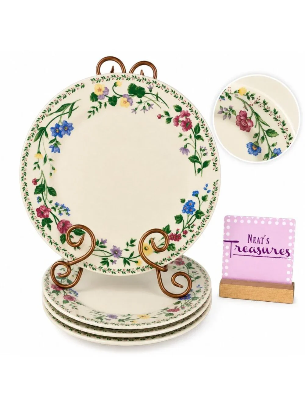 Farberware ENGLISH GARDEN Pink Blue Floral Rim Stoneware Dinner Plates Set of 4